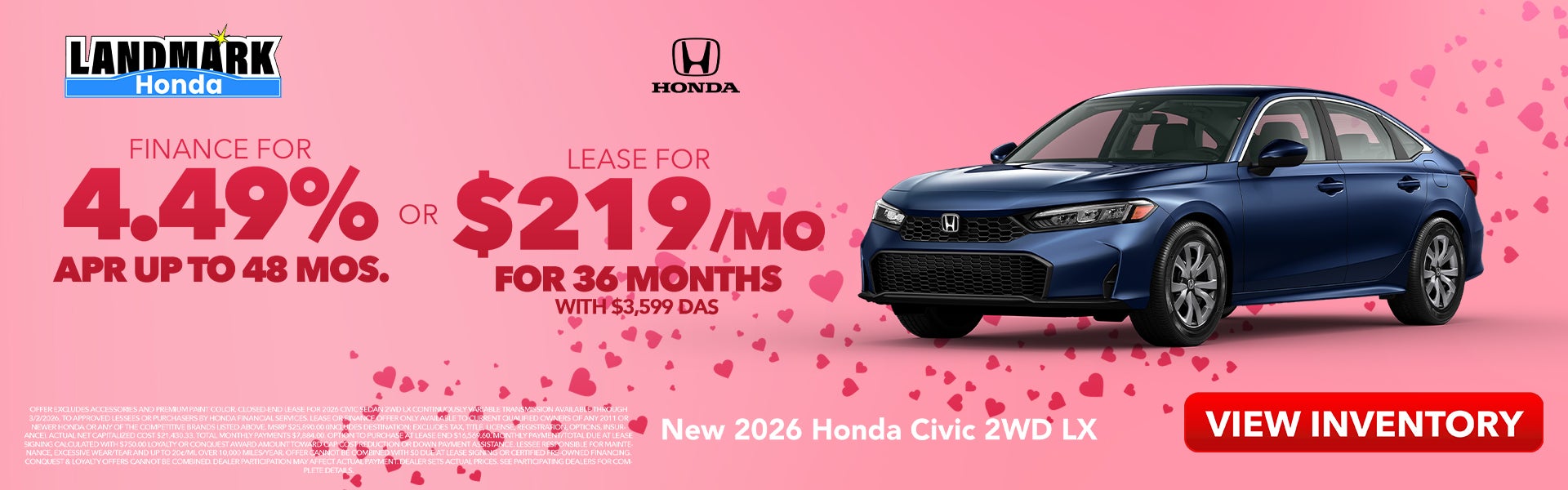 $219/mo for 36 mos $3,599 due at signing or Finance for 4.49