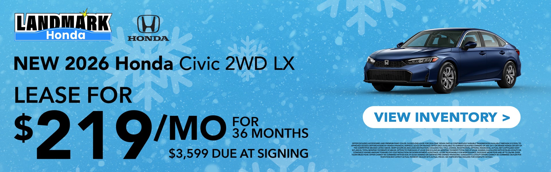 Vehicle: 2026 Honda Civic 2WD LX | $219/mo for 36 mos $3,599